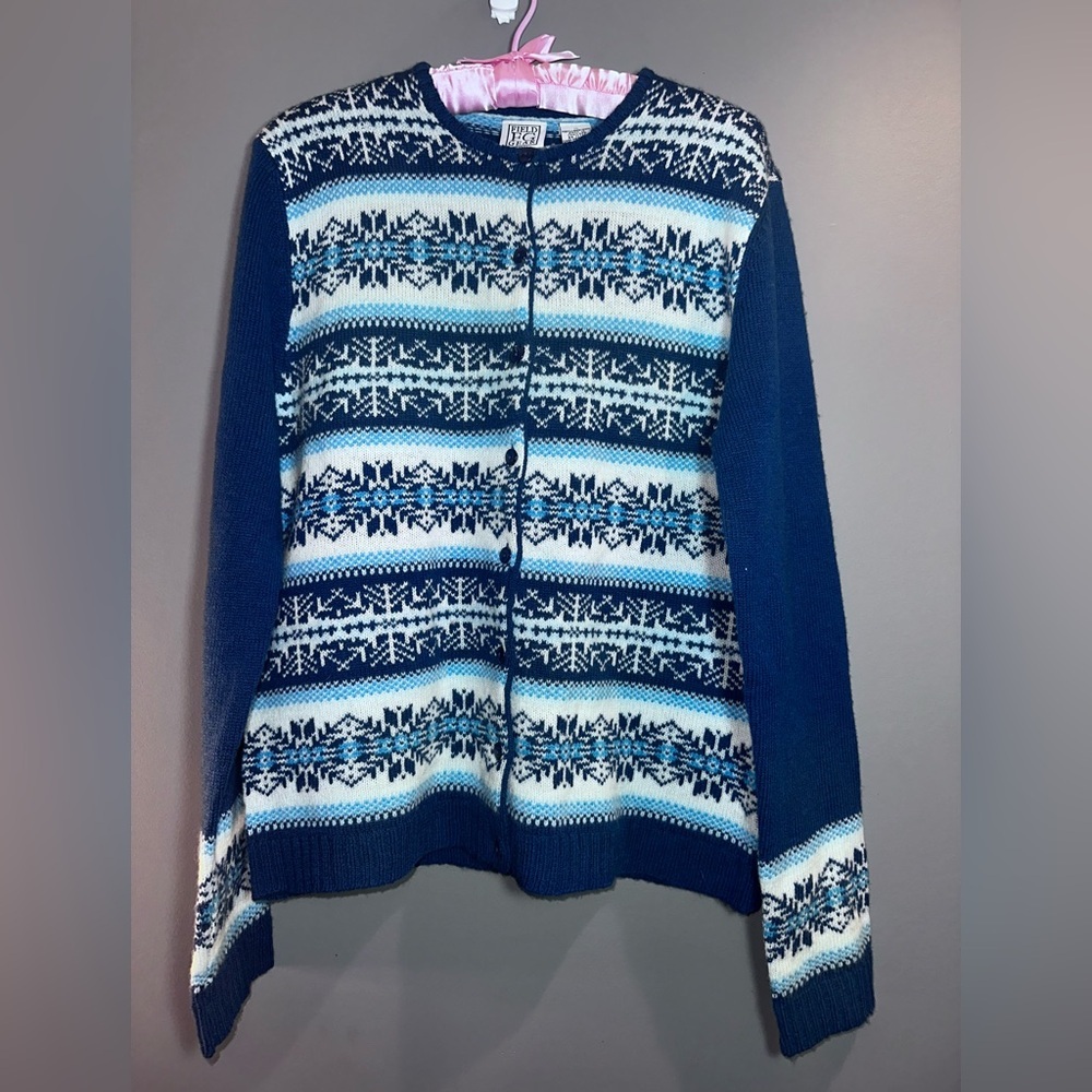 Ugly Christmas Sweater Field Gear Lambswool Nordic Fair Isle Cardigan Blue White